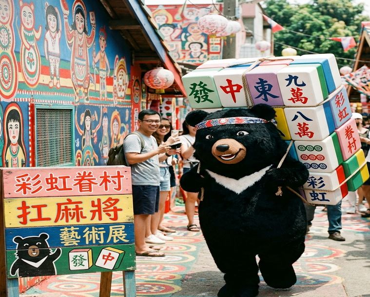 台灣黑熊在彩虹眷村,台灣熊愛打麻將,台灣黑熊打麻將,熊掌摸牌,國寶熊界雀聖扛麻將,台中彩虹眷村打牌,彩虹眷村國粹行動藝術,臺中南屯區台灣黑熊出沒,台灣黑熊在春安路揪團打牌